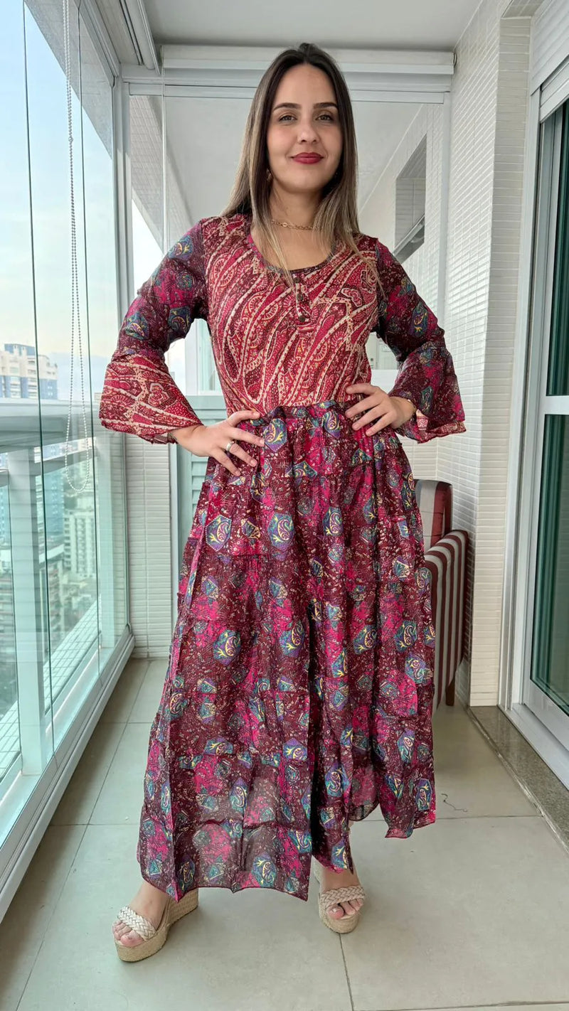 Vestido Longo Indiano Estampado Toque de Seda