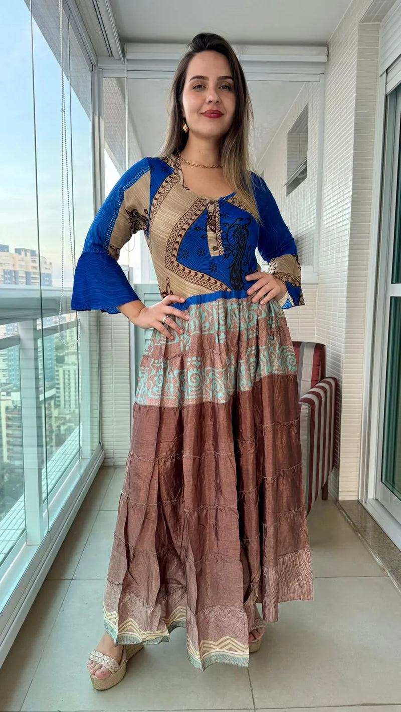 Vestido Longo Indiano Estampado Toque de Seda