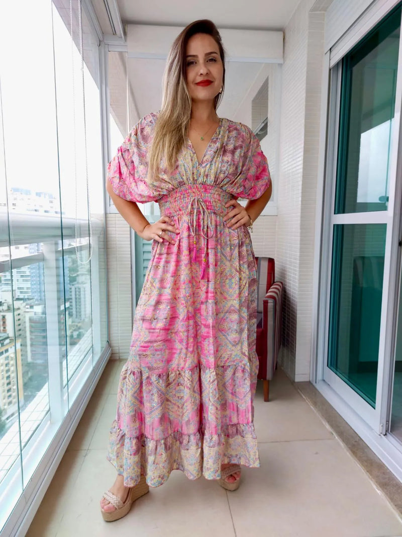 Vestido Longo Indiano Estampado Toque de Seda