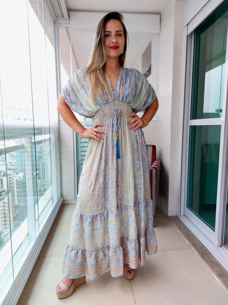 Vestido Longo Indiano Estampado Toque de Seda