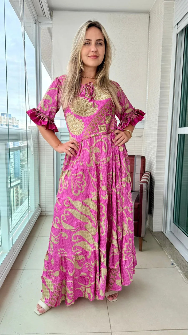Vestido Longo Indiano Estampado Toque de Seda